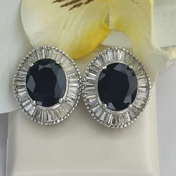 Sapphire Earrings Sterling Silver Omega Back - Picture 3 of 15